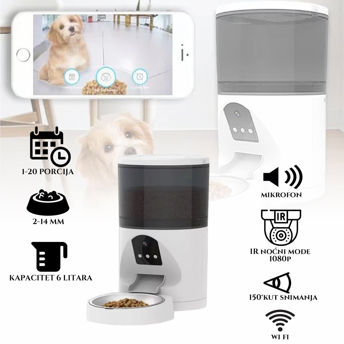 SMART PAMETNA WIFI HRANILICA 6L ZA KUĆNE LJUBIMCE S KAMEROM, MIKOFONOM I UPLIKACIJOM ZA UPRAVLJANJE